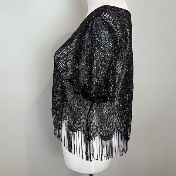 Women’s Large Black Navy Glitter Crochet Mesh Crop Top Short Sleeve Shirt - Picture 7 of 10